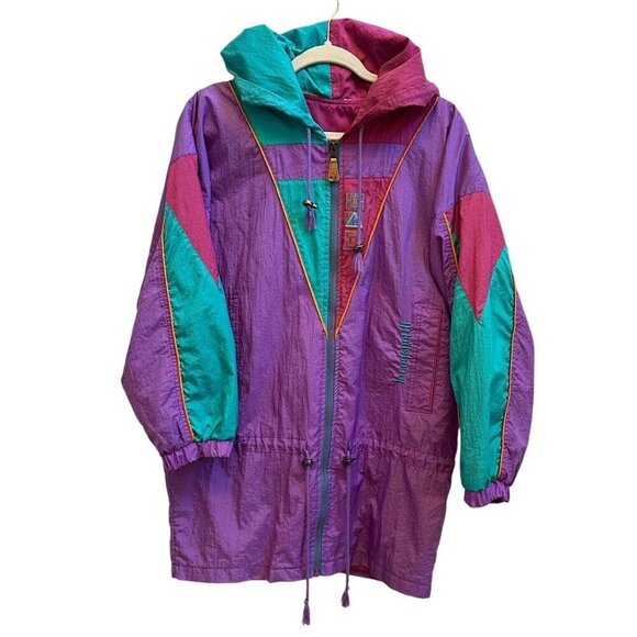 Le Coq Sportif 90s Color Block Jacket Windbreaker Full Zip Sz L XL Purple Green - Picture 1 of 9